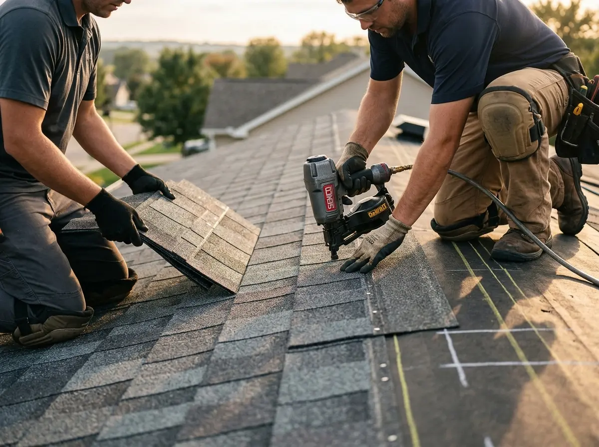 Professional roofer working on a residential roof in Somerset